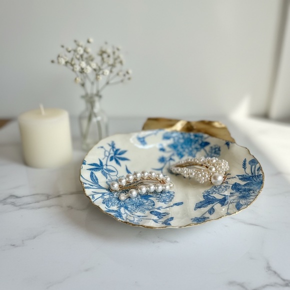Handmade Other - Blue Toile Botanical Shell Trinket Dish